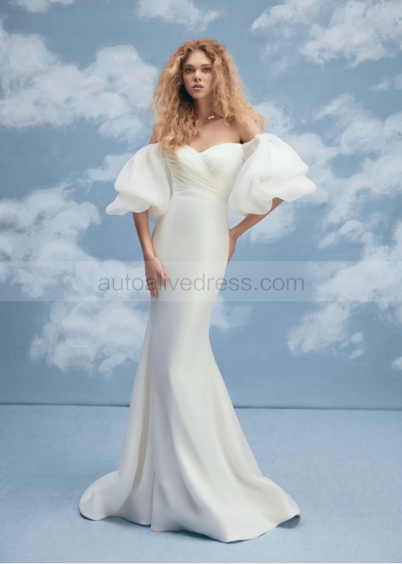 Off Shoulder Ivory Pleated Satin Organza Chic Wedding Dress